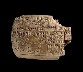 Tabliczka z Dżamdat Nasr w Iraku, wymieniająca ilości różnych towarów w archaicznym języku sumeryjskim (wczesne pismo klinowe), ok. 3200-3000 p.n.e. (glina)
